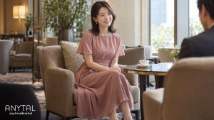 ホテルのラウンジで、ピンクのワンピースを着た20代の女性が向かいの相手と話す様子