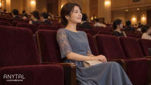 劇場の客席で、ブルーグレーのドレスと低めのまとめ髪を合わせた20代の女性が、膝に小さなバッグを置いて開演を待つ様子