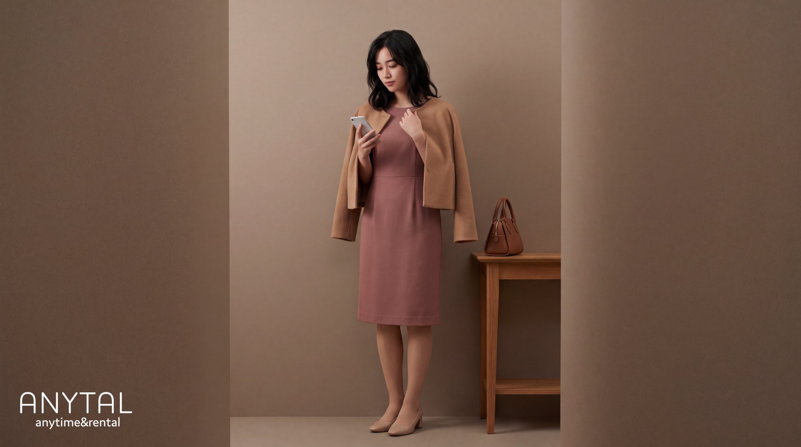 くすみピンクのドレスにベージュのジャケットを肩掛けし、全身のバランスを確かめる女性